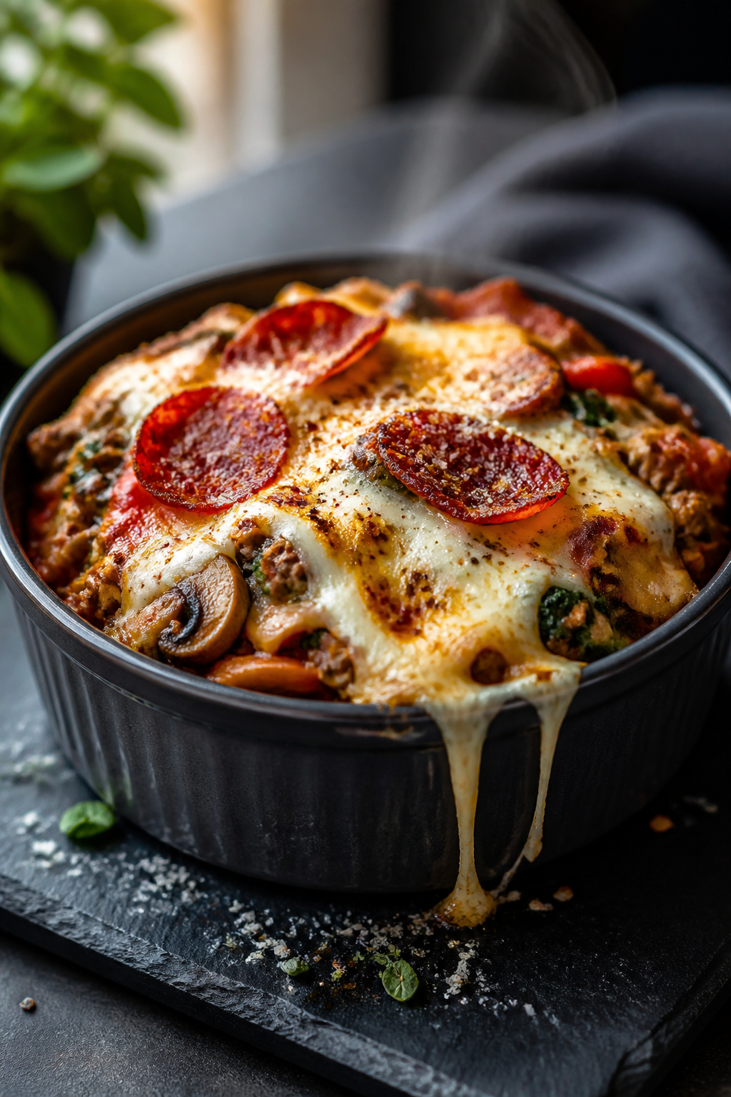 Close-up detail: Broiled High Protein Pizza Bowl just out of the oven, cheese perfectly melted and l