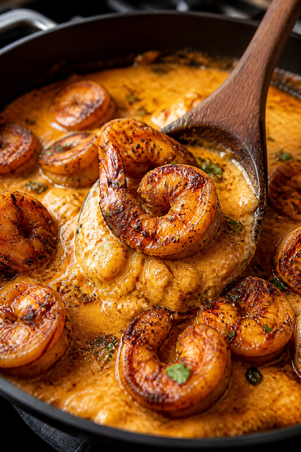 Close-up detail: Cajun-seared shrimp just out of the skillet, edges lightly charred and glistening w