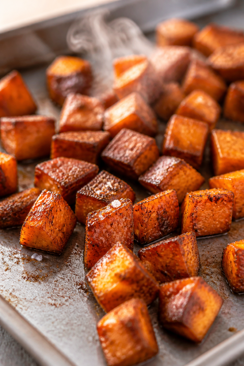 Close-up detail: Caramelized roasted sweet potato cubes fresh from the oven, edges deeply browned an