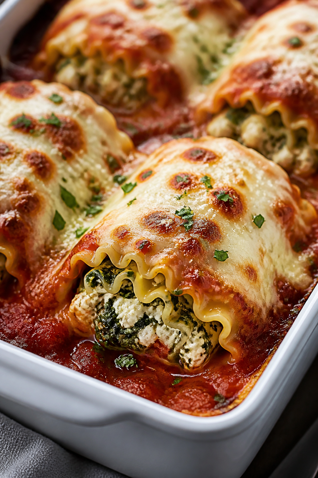 Close-up detail: Cottage cheese lasagna roll just out of the oven, seam-side down and nestled in bub