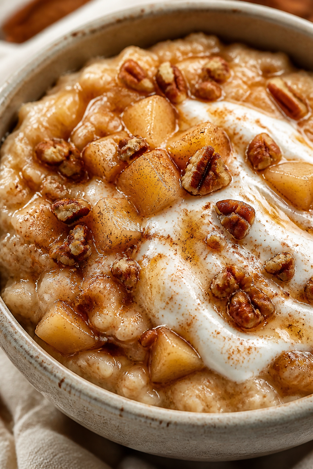 Close-up detail, cozy creaminess: Ultra-close shot of a warm bowl of apple pie high protein oatmeal 