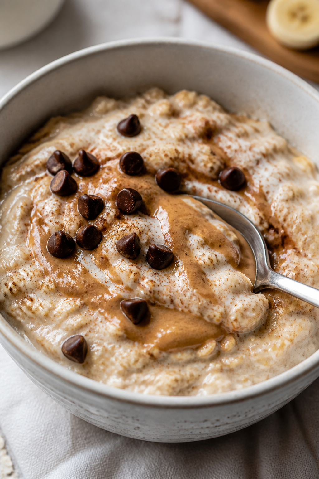Close-up detail: Creamy banana bread high-protein overnight oats just stirred in the morning, thick 