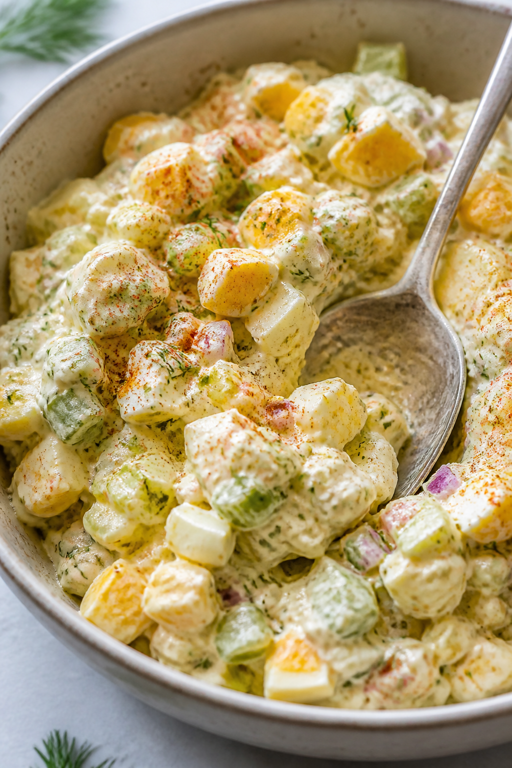 Close-up detail: Creamy chopped egg salad just folded together in a ceramic mixing bowl, showing vel