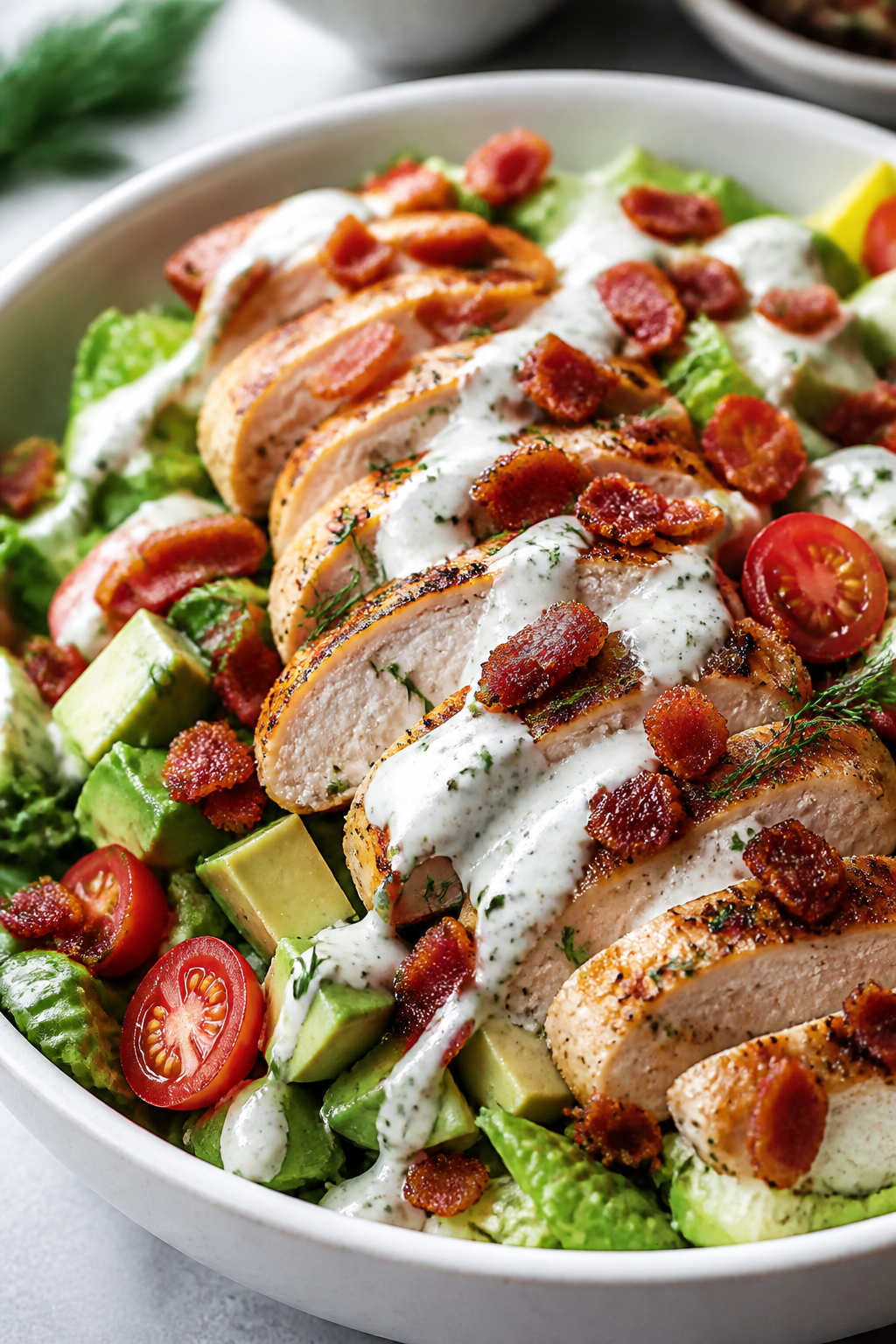 Close-up detail: Crispy bacon crumbles scattered over sliced grilled chicken breast on a bed of chop