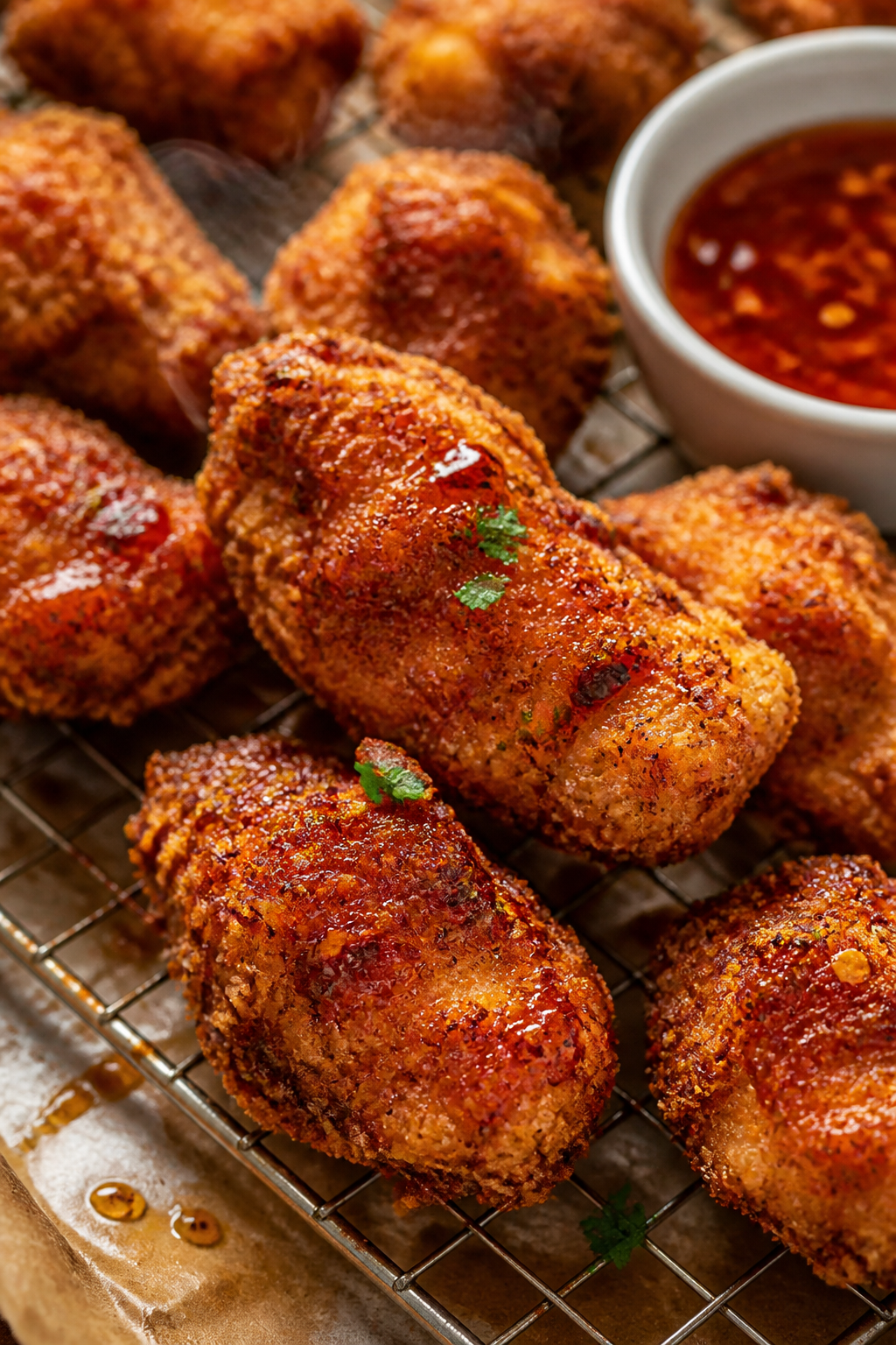 Close-up detail: Crispy panko-breaded chicken bites just out of the air fryer, glistening with a war