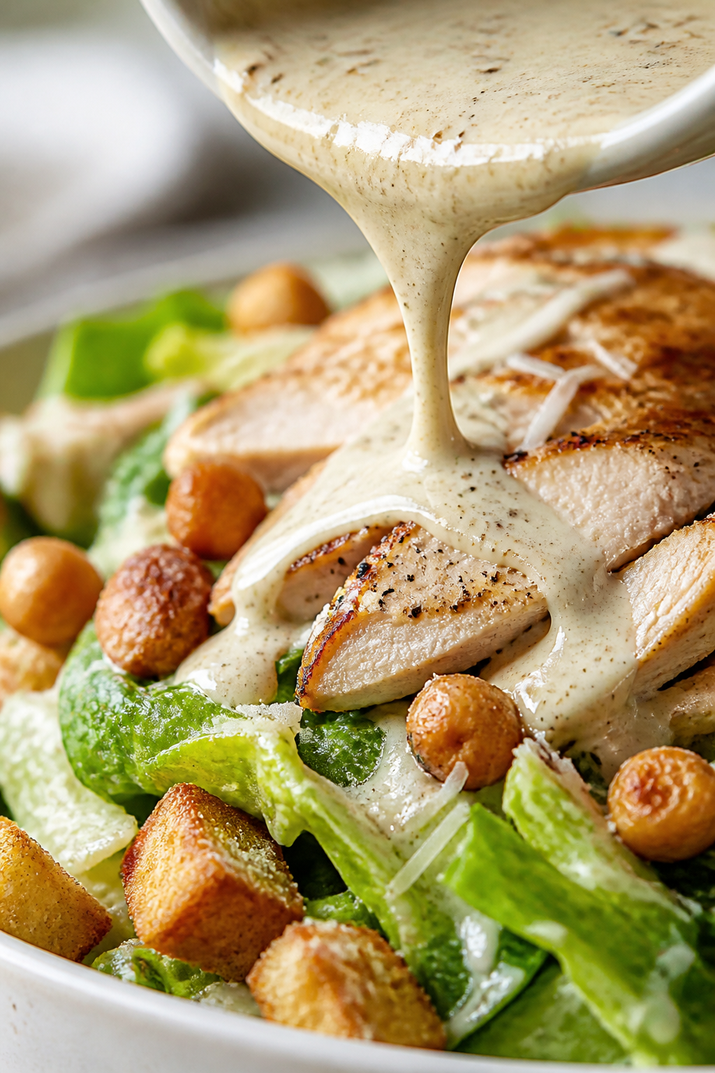 Close-up detail, dressing pour and texture: Macro close-up of creamy Caesar dressing cascading over 