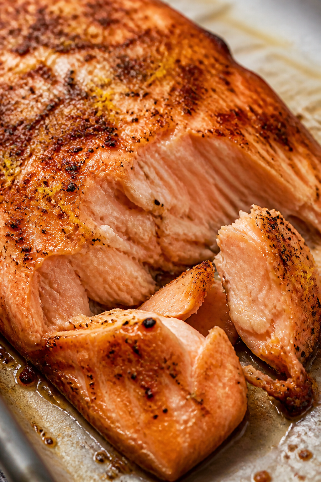 Close-up detail: Flaky roasted salmon just out of the oven, golden top from a 1-minute broil, gliste