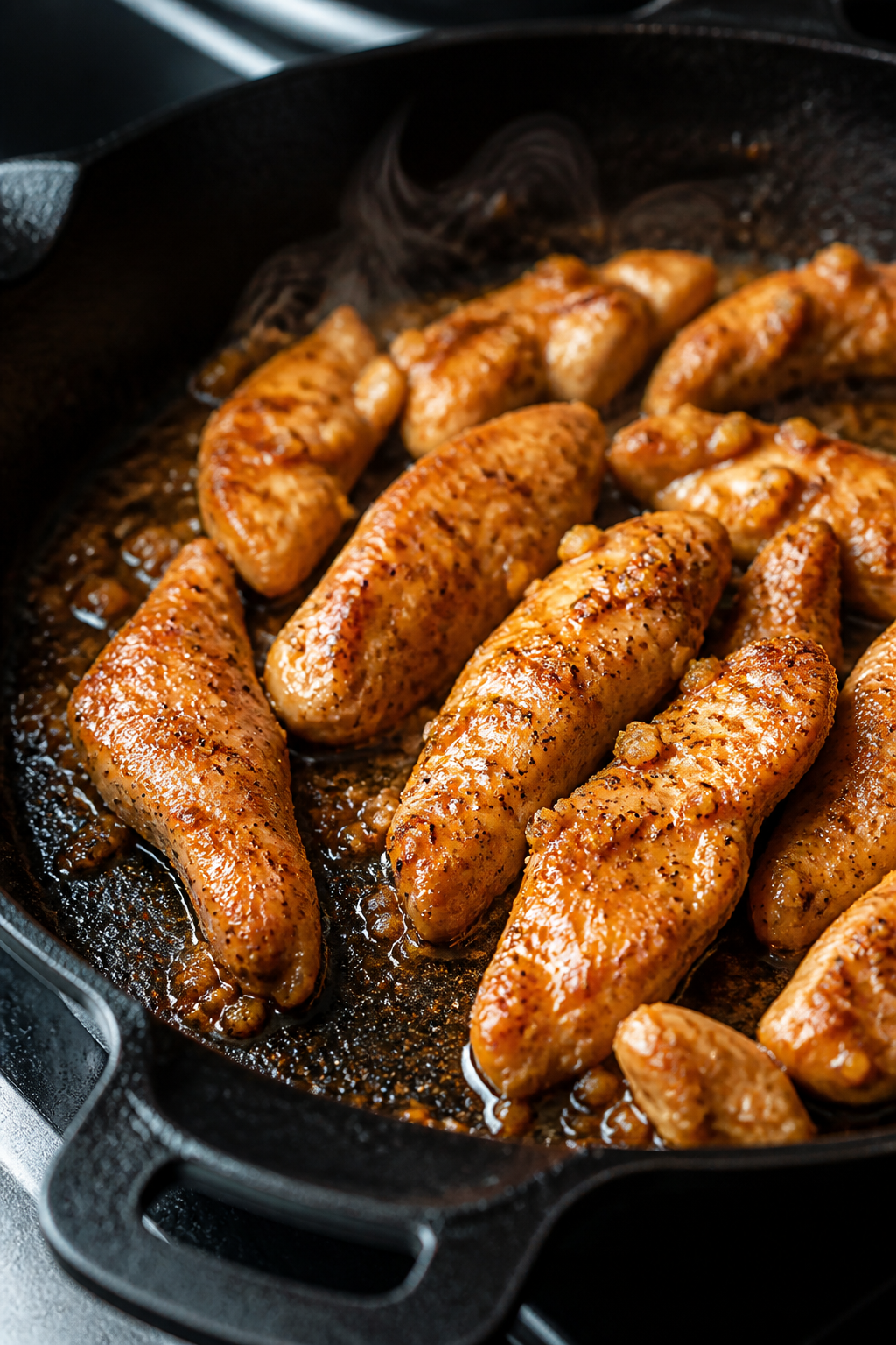 Close-up detail: Garlic-glossed chicken strips just tossed in a buttery pan sauce, shimmering and cl