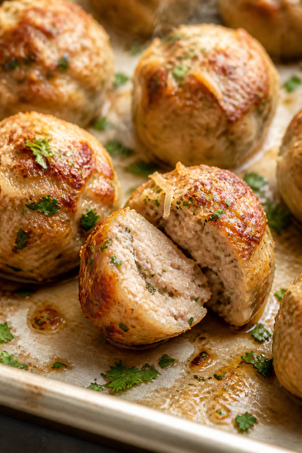 Close-up detail: Garlic Parmesan turkey meatballs just out of the oven, golden-browned from a light 