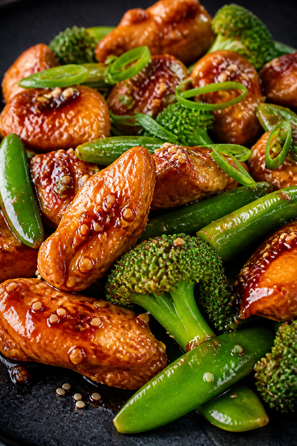 Close-up detail – Glazed chicken and veggies: macro shot of saucy chicken pieces lacquered with a 