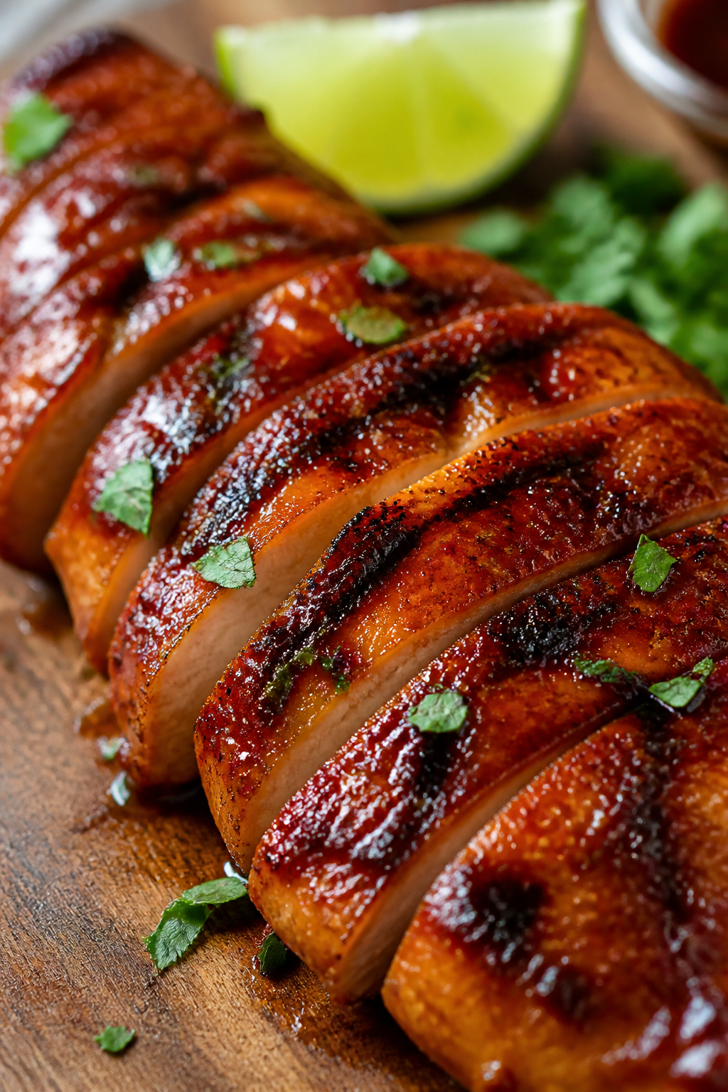 Close-up detail: Glazed honey BBQ chicken just off the grill, sliced into juicy strips with lacquere