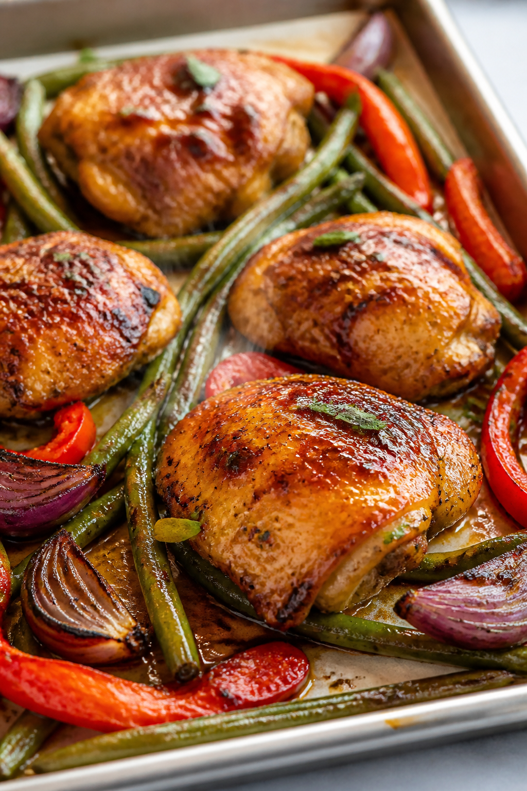 Close-up detail: Glazed honey mustard chicken thighs fresh from the oven on a parchment-lined sheet 