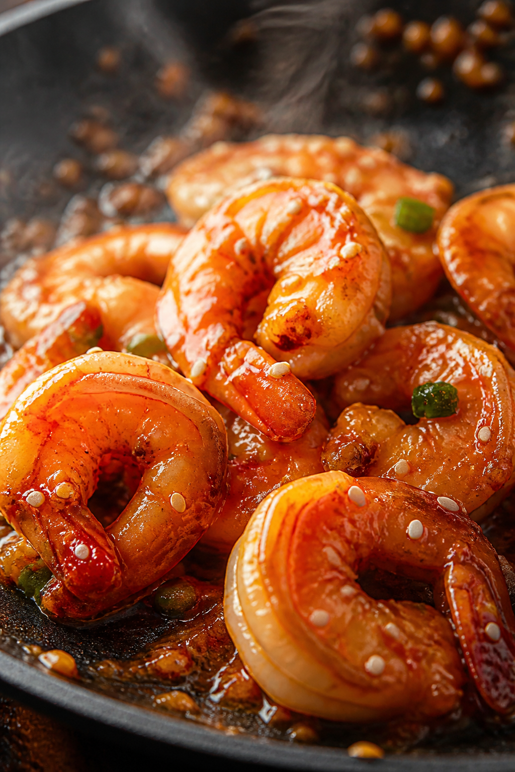 Close-up detail: Glossy sticky garlic sriracha shrimp just tossed in the pan, sauce clinging and shi