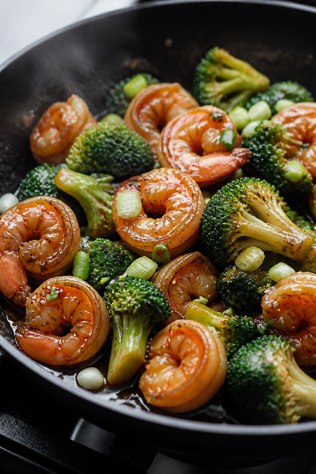 Close-up detail: Glossy sticky sesame shrimp and crisp-tender broccoli tossed in a thick soy-honey-g