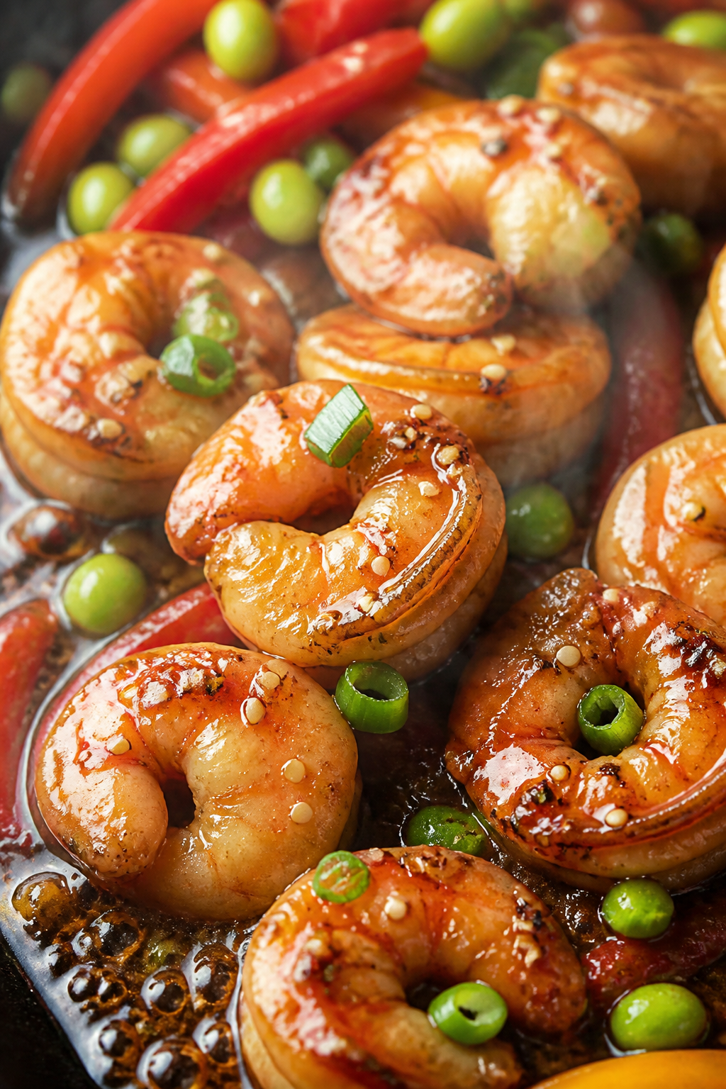Close-up detail: Glossy teriyaki shrimp just glazed in the skillet, sauce bubbling and clinging to p