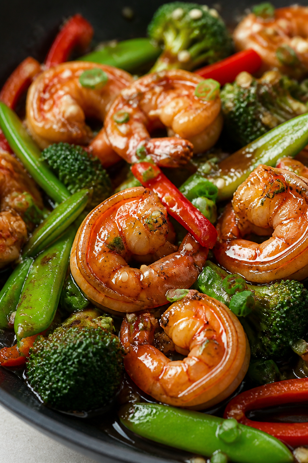 Close-up detail: Glossy teriyaki shrimp just off the skillet, sauce clinging in a lacquered sheen wi