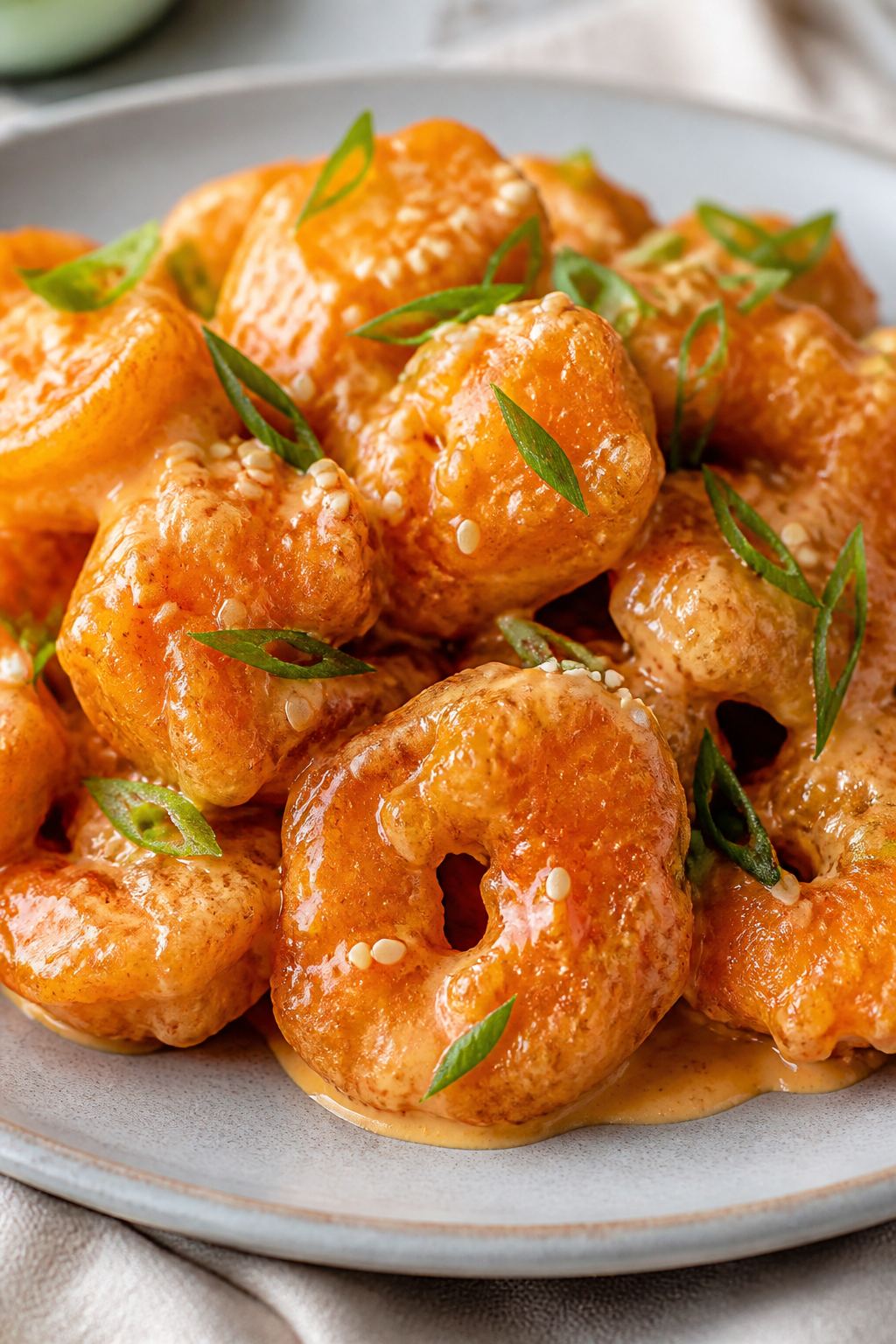 Close-up detail: Golden, air-fried bang bang shrimp just tossed in creamy sweet-heat sauce, showing
