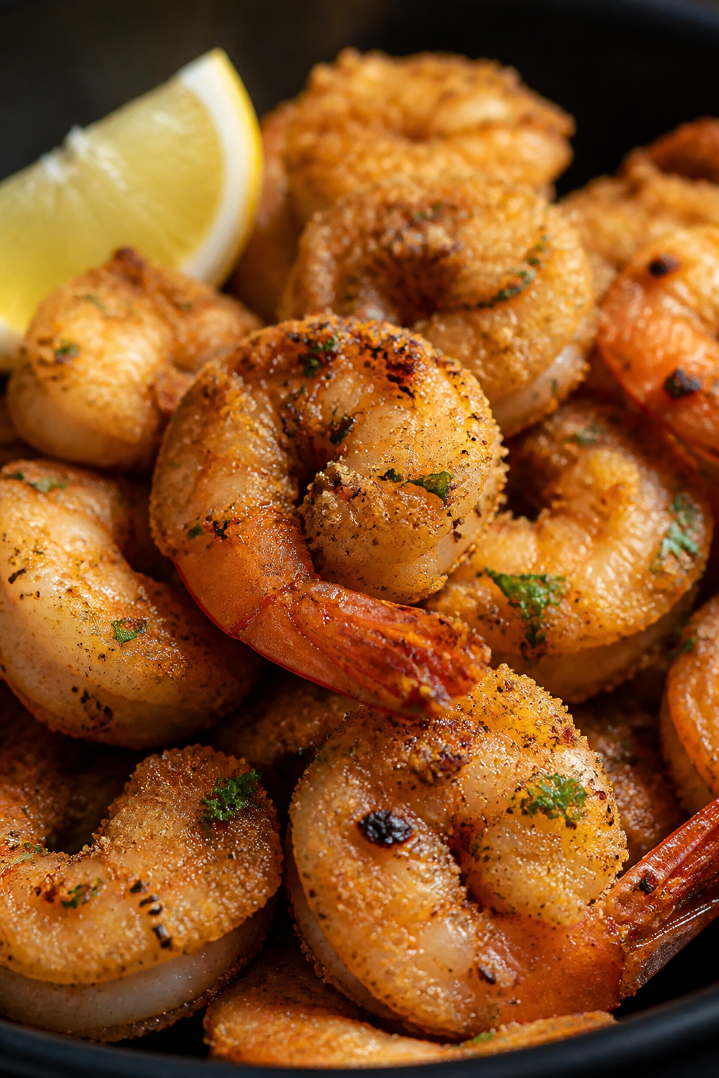 Close-up detail: Golden, air-fried garlic Parmesan shrimp just out of the basket, edges lightly cris