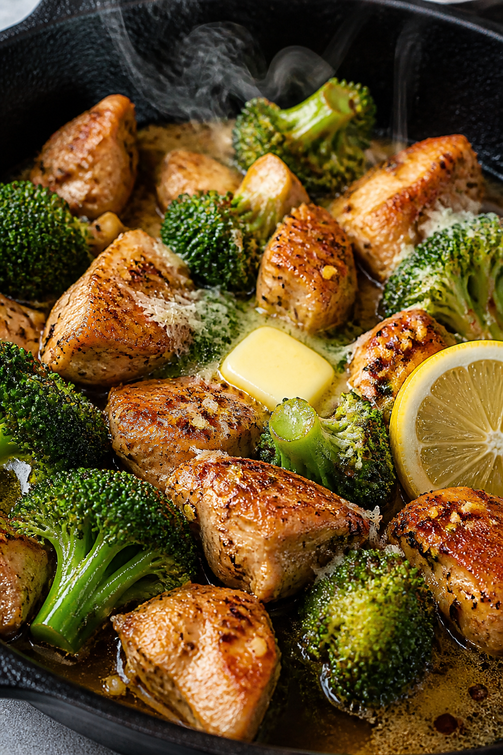 Close-up detail: Golden-browned bite-size chicken and crisp-tender broccoli tossed in glossy garlic 