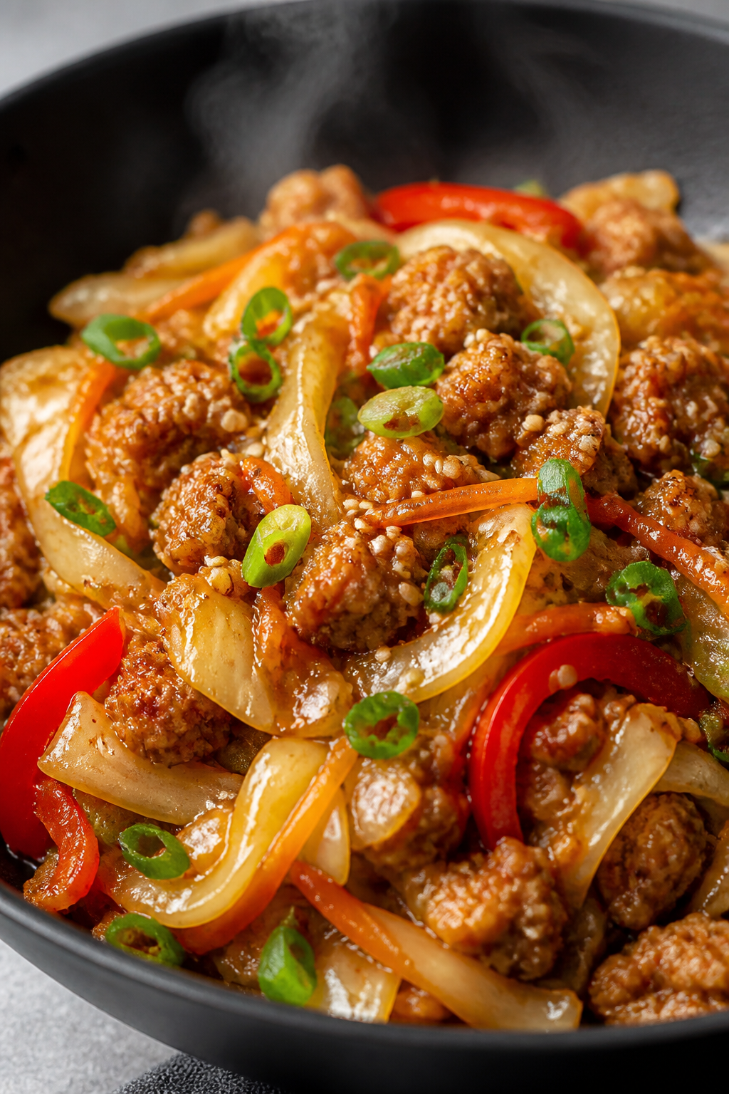 Close-up detail: Golden-browned ground turkey crumbles and sautéed cabbage-carrot mix glistening in