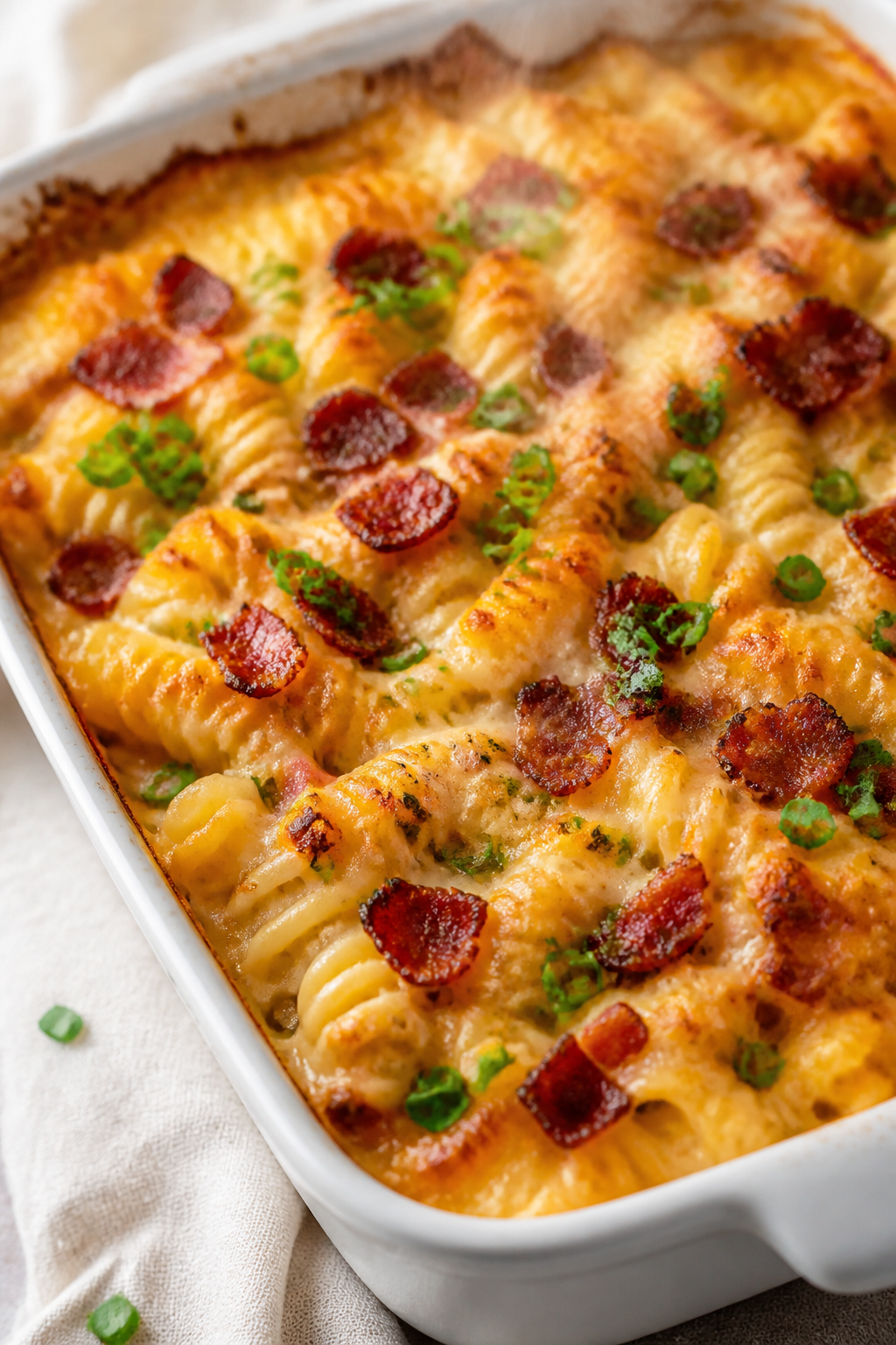 Close-up detail: Golden, bubbly Chicken Bacon Ranch Casserole just out of the oven, showing crisp ba