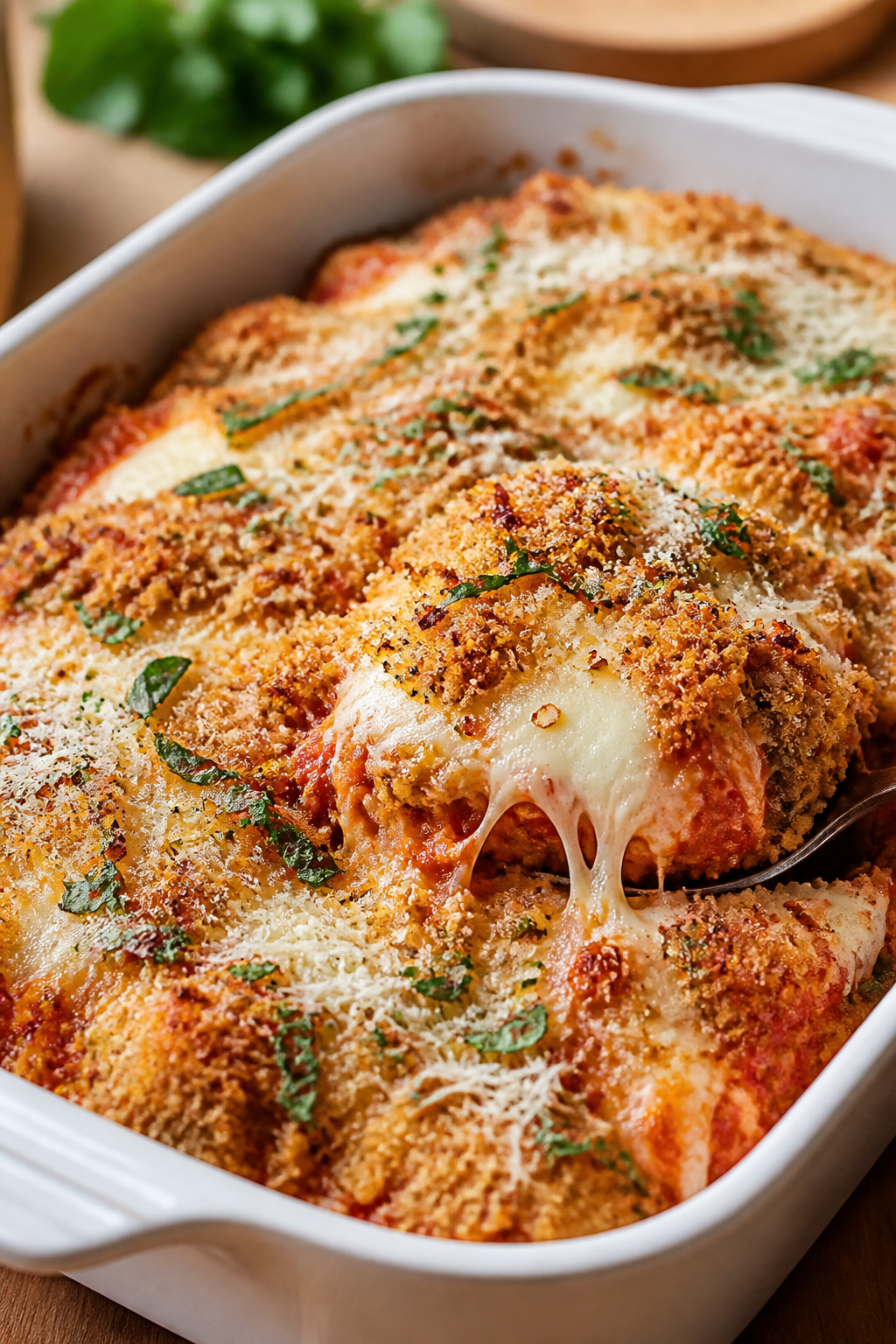 Close-up detail: Golden, bubbly Chicken Parmesan Protein Bake just out of the oven, showing crisp, b