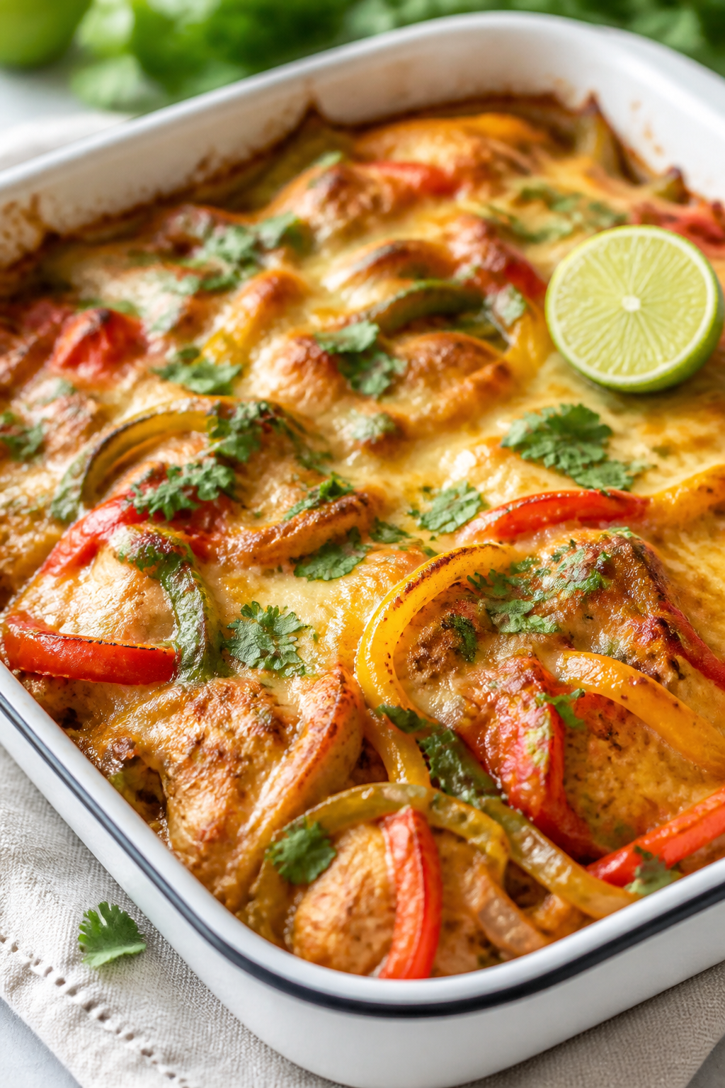 Close-up detail: Golden, bubbly High Protein Chicken Fajita Casserole just out of the oven, cheese l