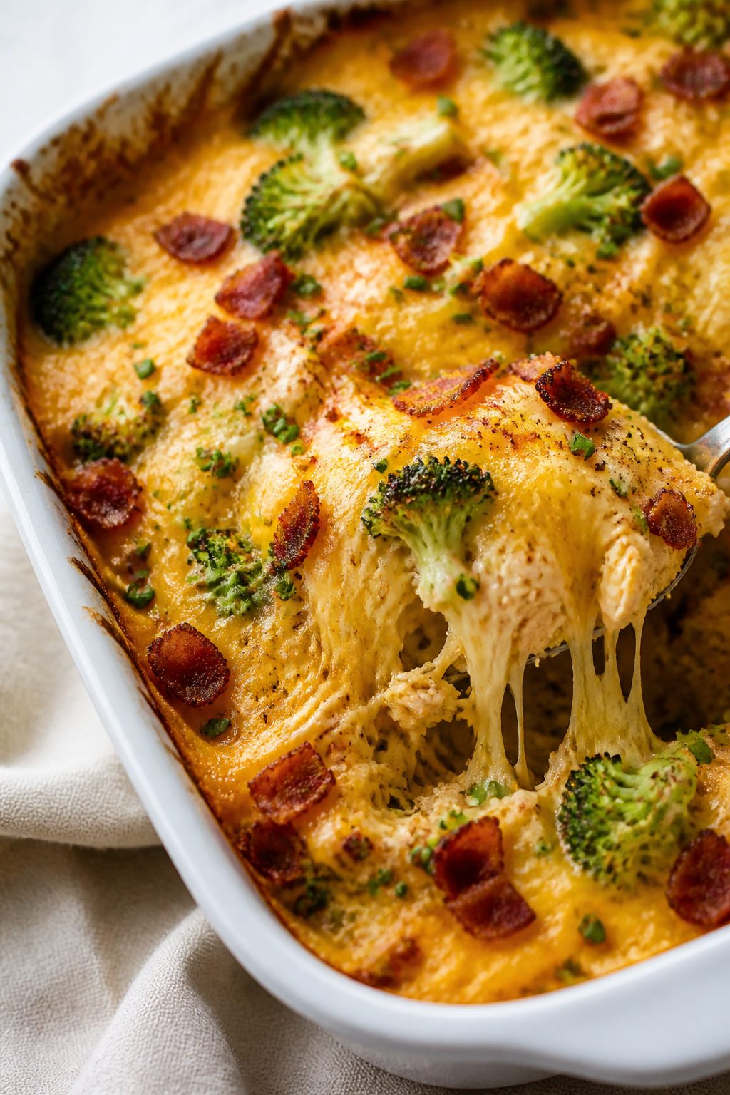 Close-up detail: Golden, bubbly High Protein Crack Chicken Casserole just out of the oven, edges lig