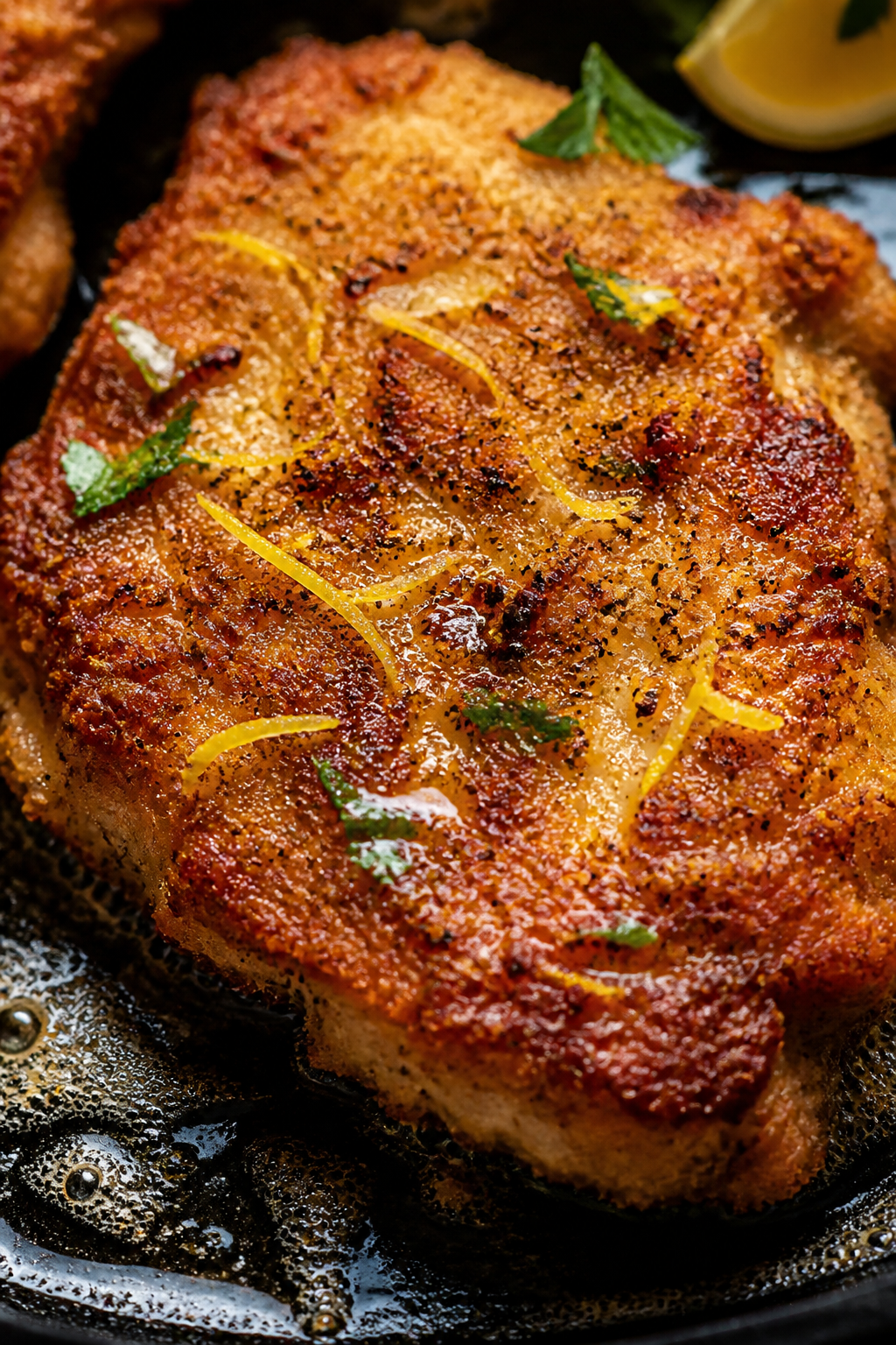 Close-up detail: Golden, Parmesan-and-panko crusted chicken cutlet just seared in a 12-inch skillet,
