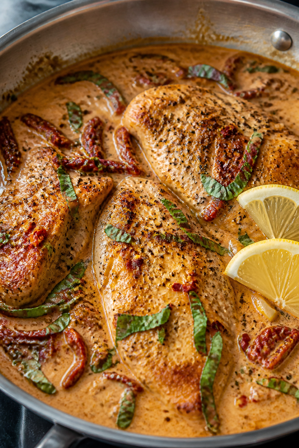 Close-up detail: Golden-seared chicken cutlets just returned to a creamy sun-dried tomato sauce in a