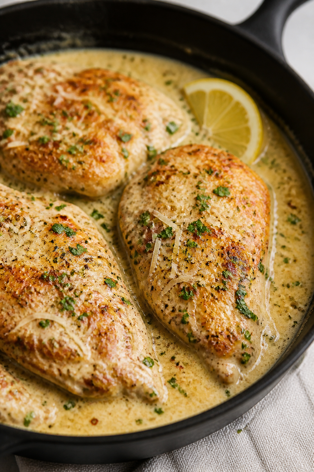 Close-up detail: Golden-seared chicken cutlets just returned to a skillet of silky garlic Parmesan c