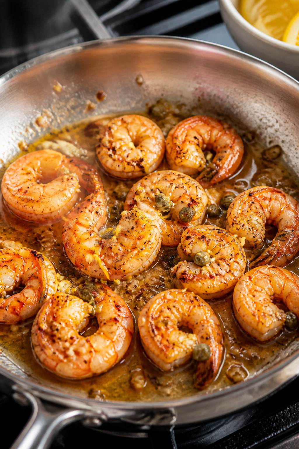 Close-up detail: Golden-seared lemon garlic shrimp sizzling in a stainless skillet, shrimp lightly c