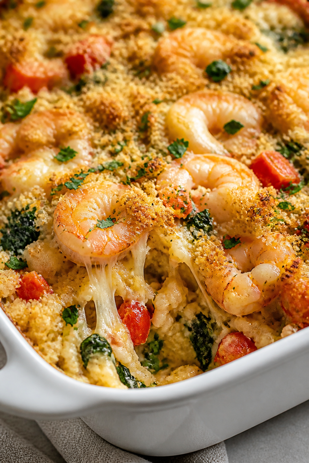Close-up detail: Golden-topped shrimp and rice casserole just out of the oven, showing juicy pink sh