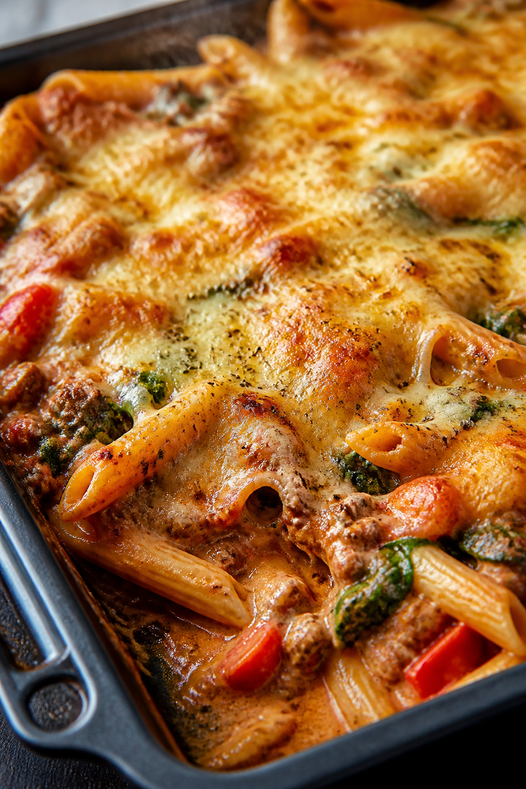 Close-up detail: Gooey, golden-topped high protein hamburger casserole fresh from the oven, cheese j