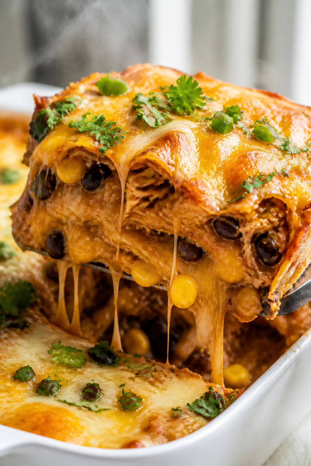 Close-up detail: Gooey slice of Easy Chicken Taco Casserole being lifted from the pan, showing disti