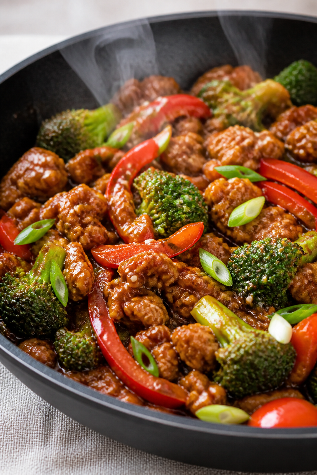 Close-up detail: Honey garlic ground turkey sizzling in a skillet just after saucing, glossy caramel