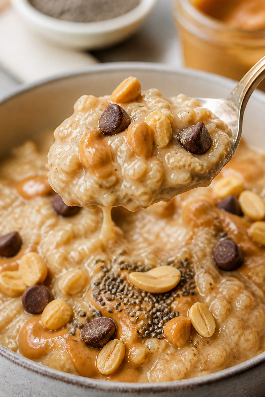 Close-up detail, indulgent presentation: Macro close-up of a spoonful lifted over the bowl of finish