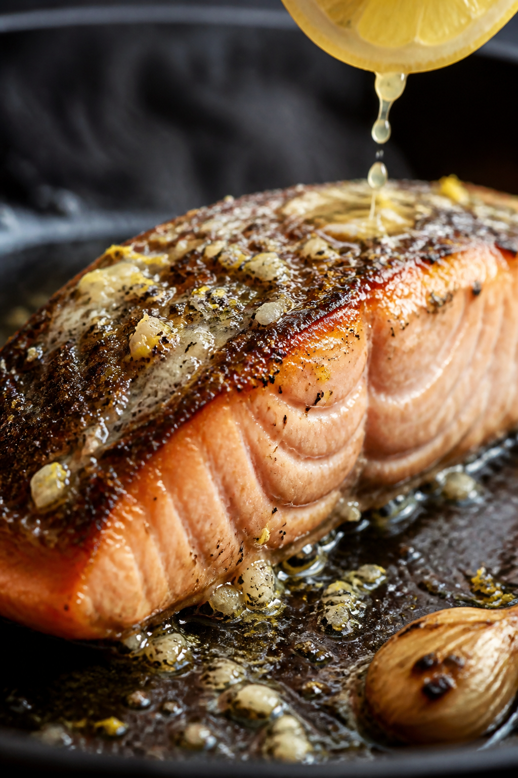 Close-up detail of lemon-garlic salmon just after searing in a cast-iron skillet, skin-side crisp an