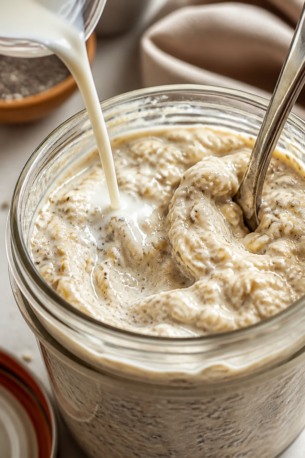 Close-up detail of the creamy oat base after overnight chill, mid-stir in an open wide-mouth jar: vi