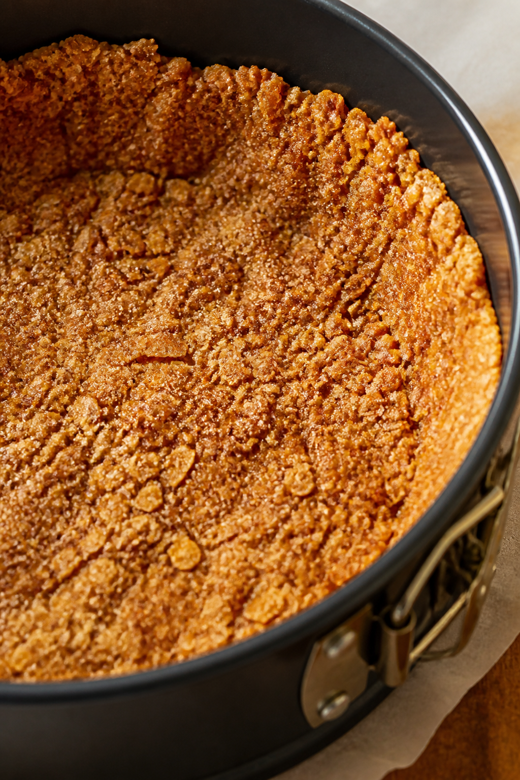 Close-up detail of the parbaked Cinnamon Toast Crunch crust in a 9-inch springform pan, edges slight