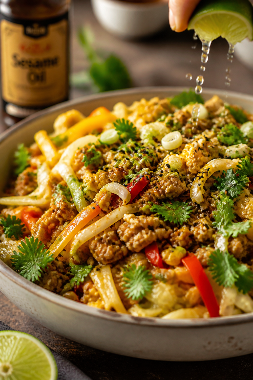 Close-up detail — Restaurant-quality plated Egg Roll Salad Bowl (no rice) in a shallow stoneware b