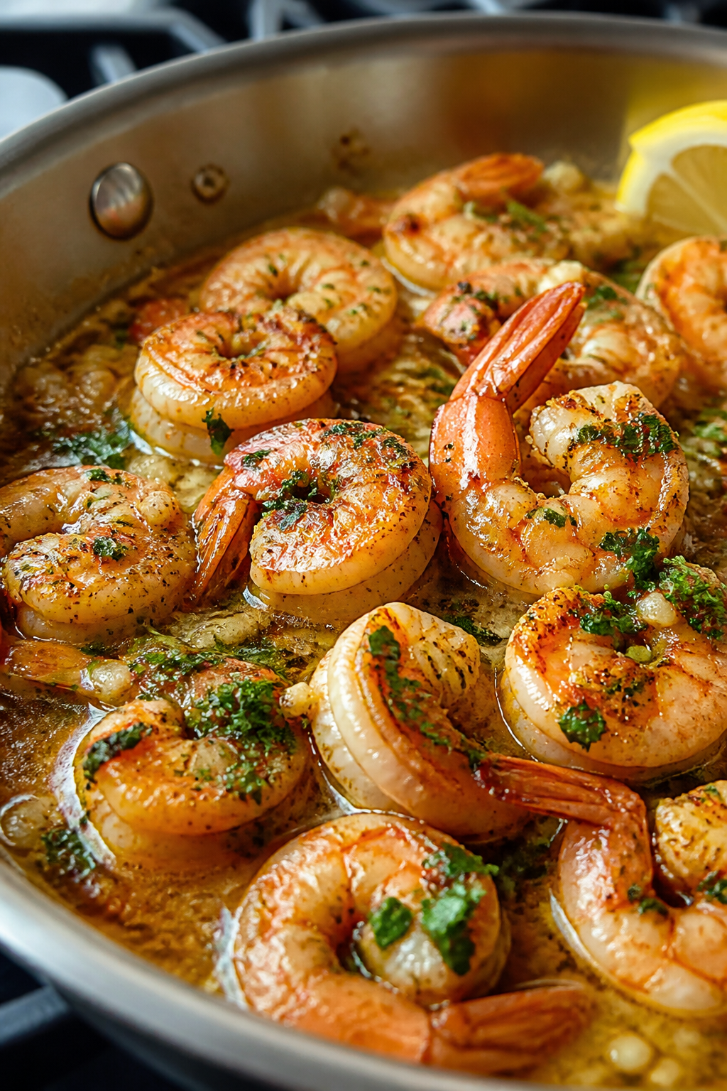 Close-up detail: Sautéed garlic butter shrimp sizzling in a stainless steel skillet, shrimp pink an