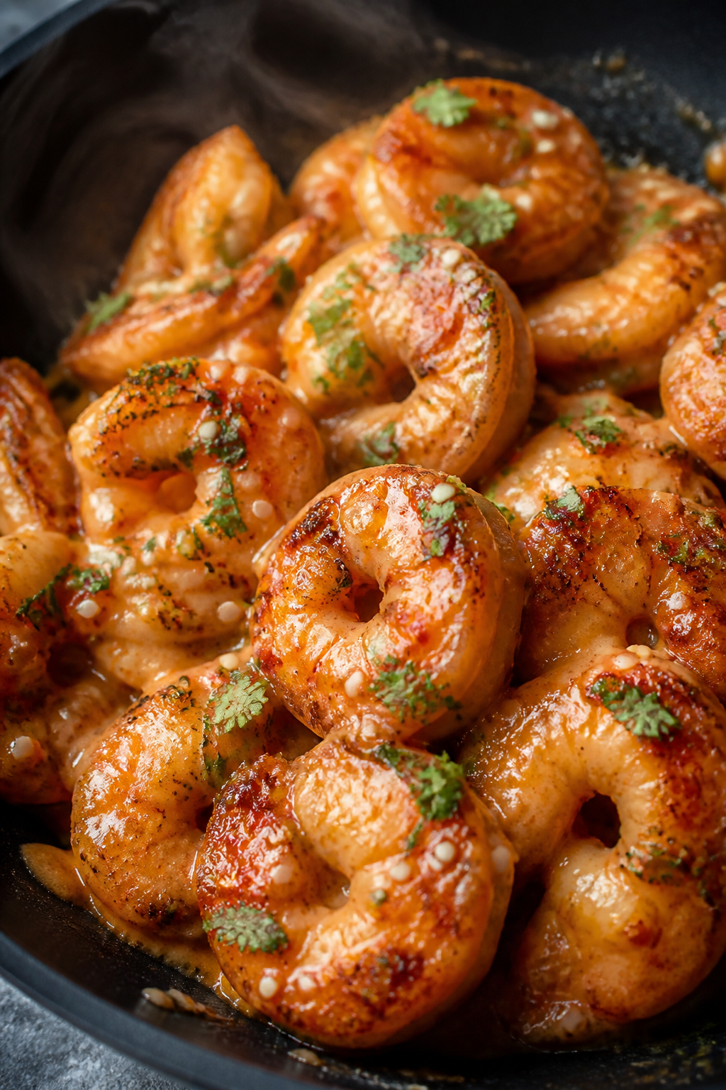 Close-up detail: Sear-kissed bang bang shrimp just tossed in creamy sweet-chili sriracha sauce, corn
