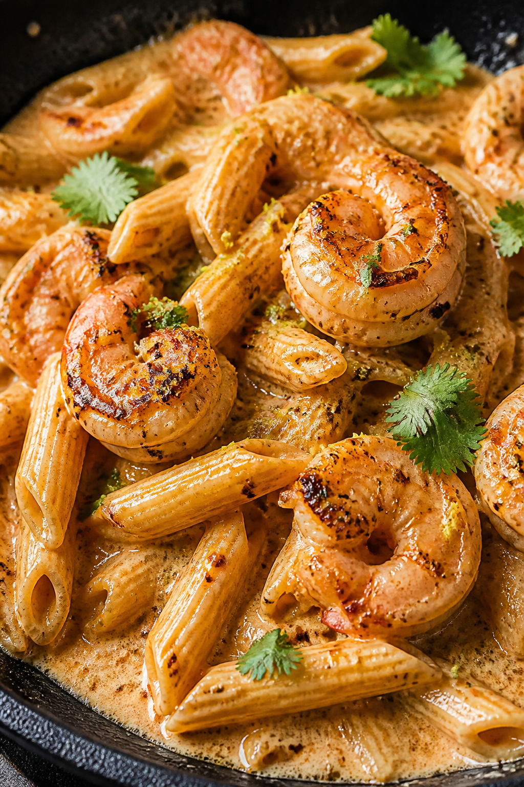 Close-up detail: Sear-kissed shrimp in a creamy chipotle sauce clinging to ridged penne protein past