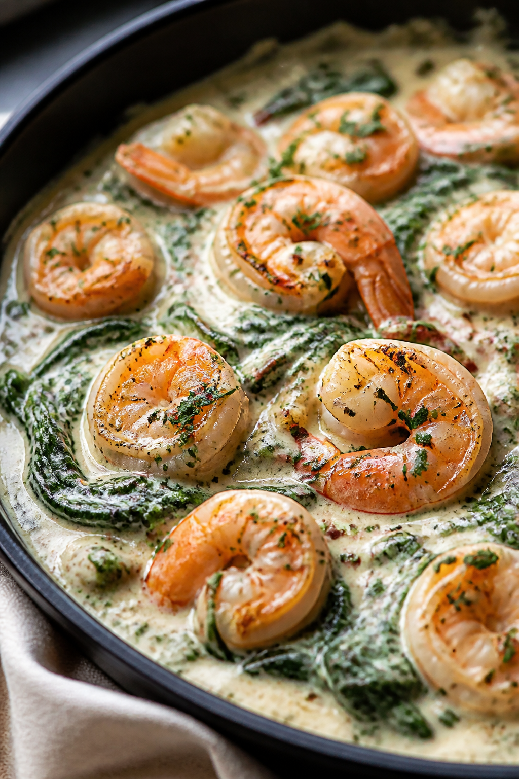 Close-up detail: Seared pink shrimp nestled in a silky, creamy spinach-Parmesan sauce, flecks of Ita