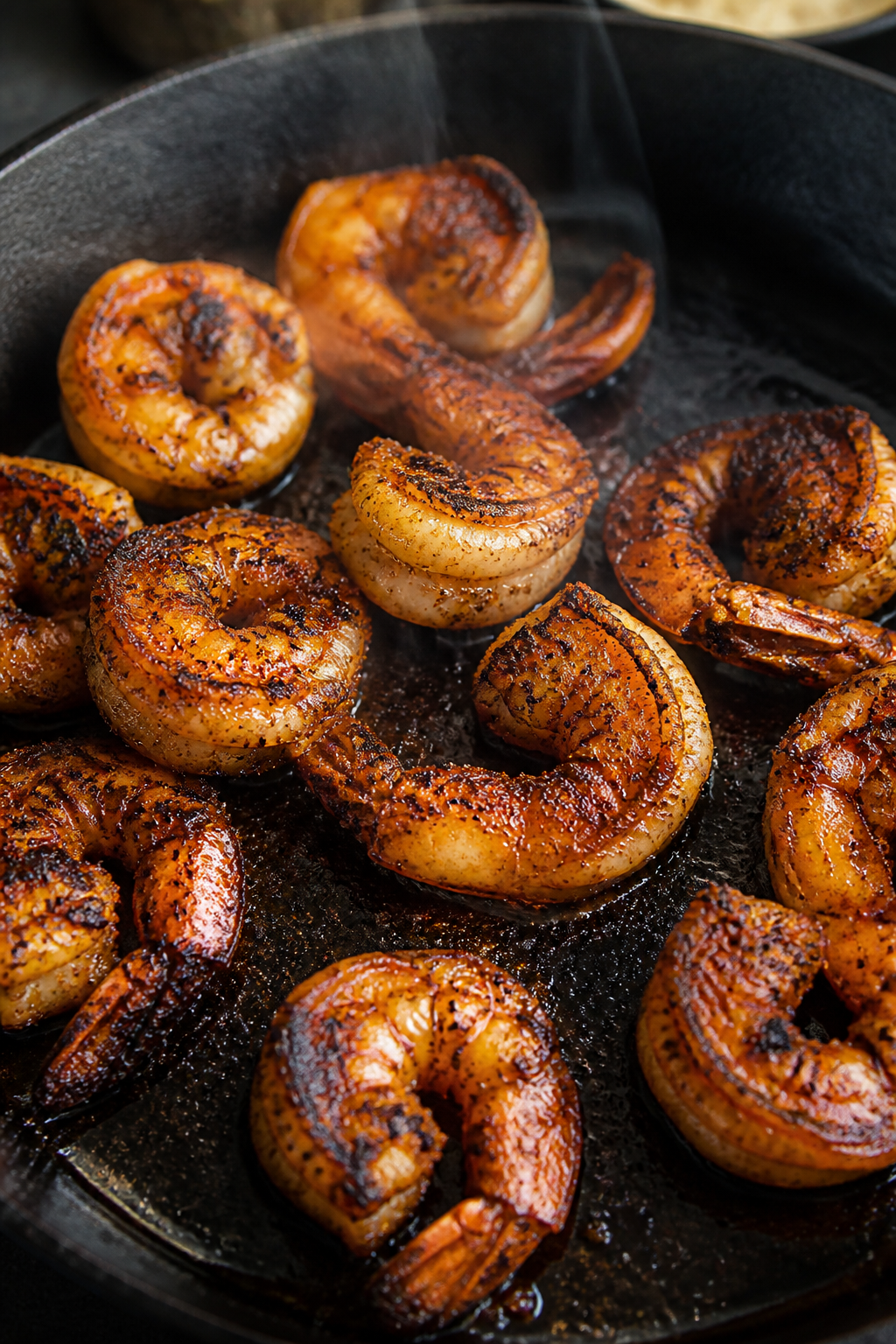Close-up detail: Searing blackened shrimp in a hot cast-iron skillet, showcasing the dark, spicy cru