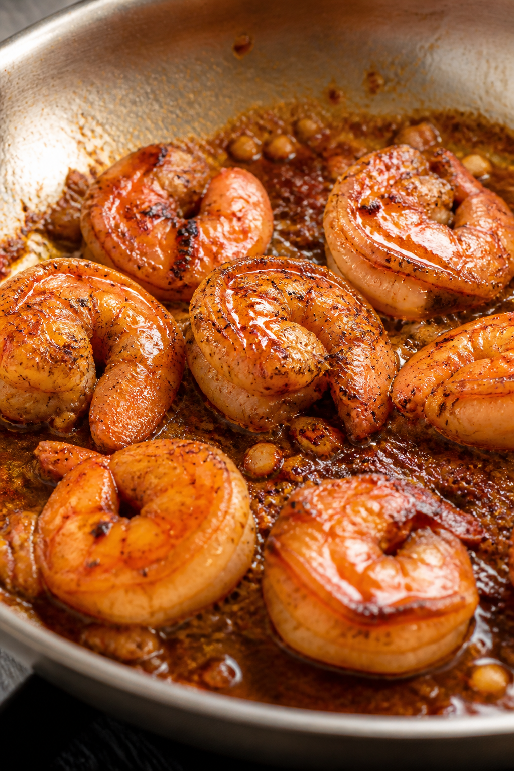 Close-up detail: Searing Cajun shrimp in a large skillet, shrimp just turned pink and lightly charre