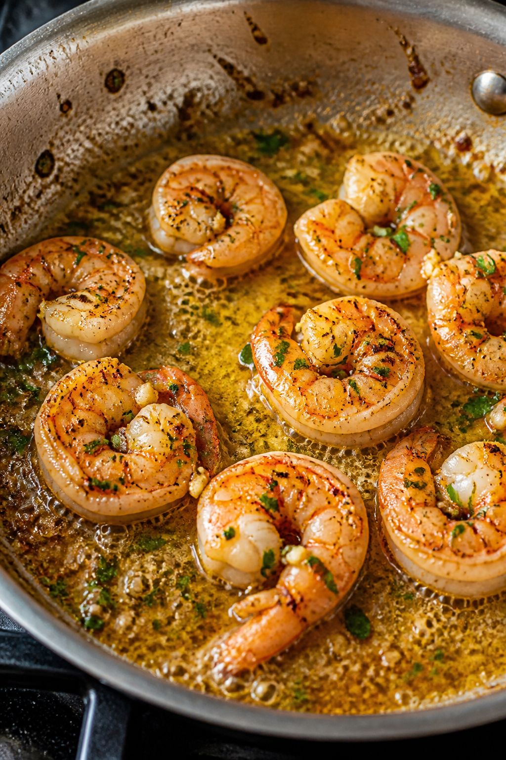 Close-up detail: Searing garlic butter shrimp in a stainless-steel skillet, shrimp just turned pink 