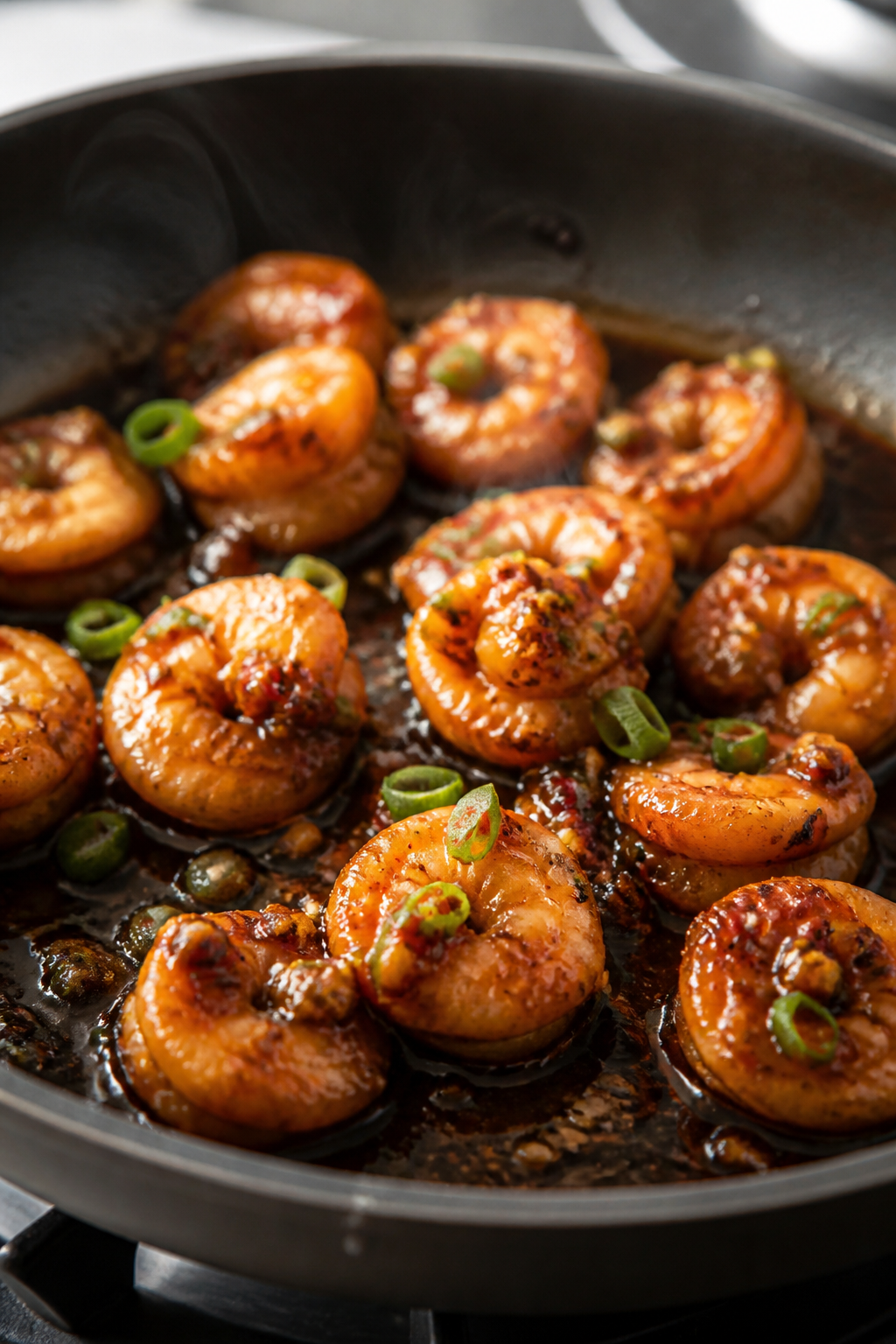 Close-up detail: Searing garlic-chili shrimp in a hot skillet, coated in glossy soy-chili-honey glaz