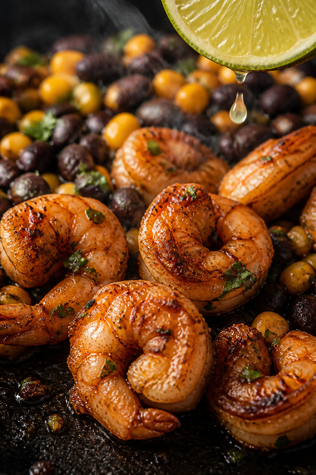 Close-up detail: Searing garlic-lime shrimp in a hot skillet, shrimp opaque with light golden edges 